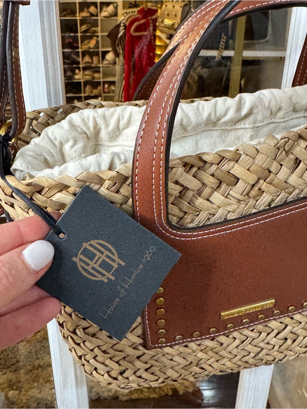 👜🥥 House of Harlow 1960 Natural Straw Crossbody with Brown Leather Trim 🥥👜 - Picture 4 of 10